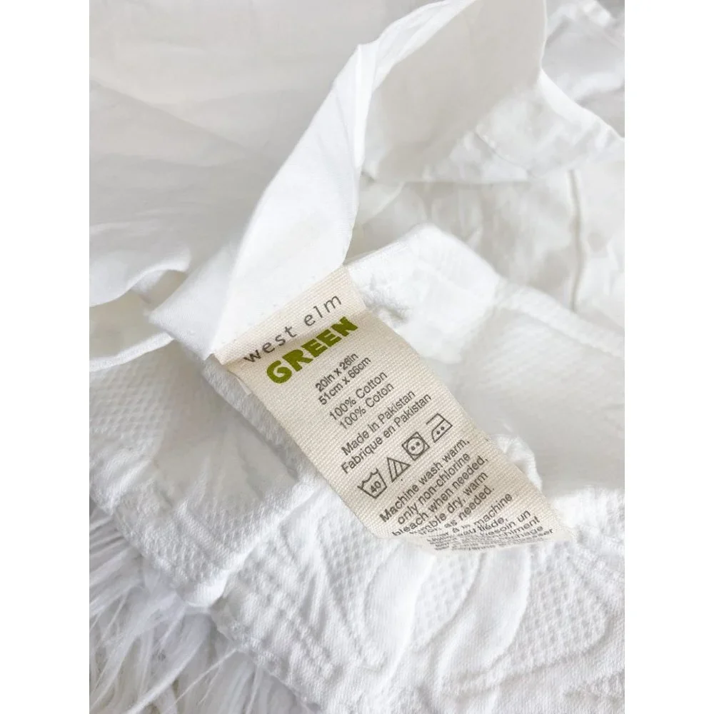 West Elm Green Organic Floral Embossed Ivory Pillow Shams Standard Set of 2 NEW